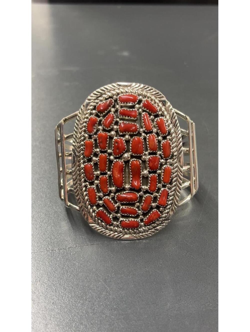 Navajo sterling silver coral traditional bracelet /cuff -Marlene Jones